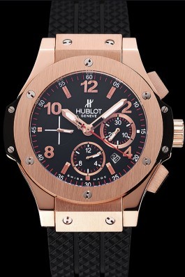 swiss replica hublot big bang black dial rose gold case black rubber bracelet
